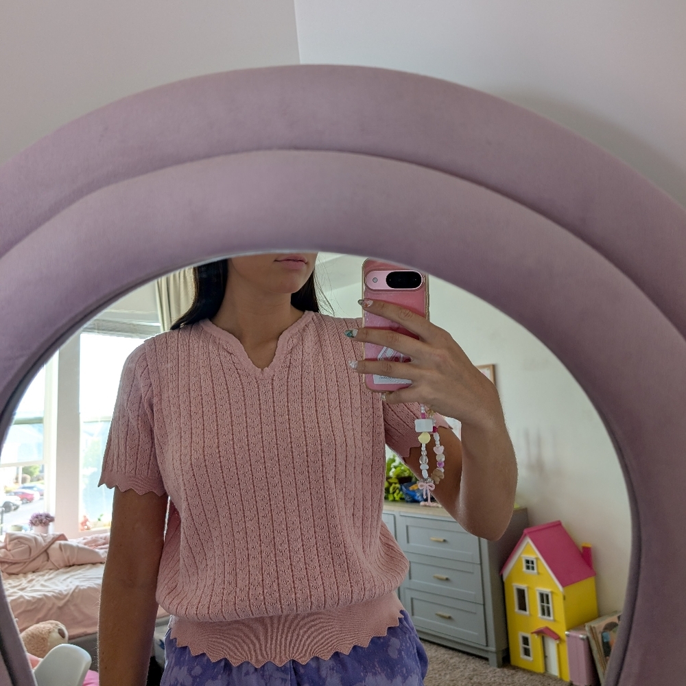 Pink Cable Knit Short Sleeve Scallop Sweater Top Size Large